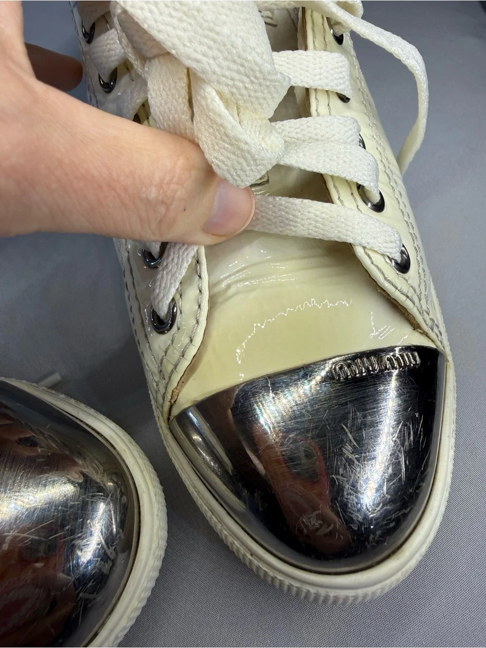 Miu Miu Cream Patent Leather Sneakers with Silver Toe Caps